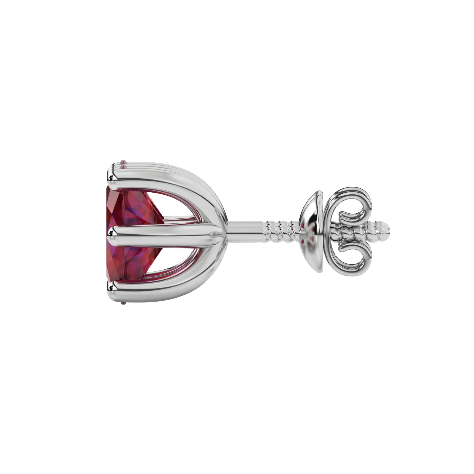 Side profile, white gold raspberry red earrings, six prong gallery.