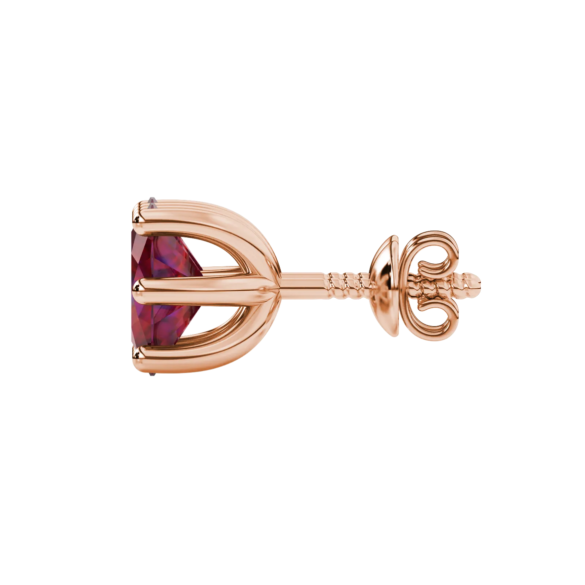 Side profile, rose gold raspberry red earrings, six prong gallery.