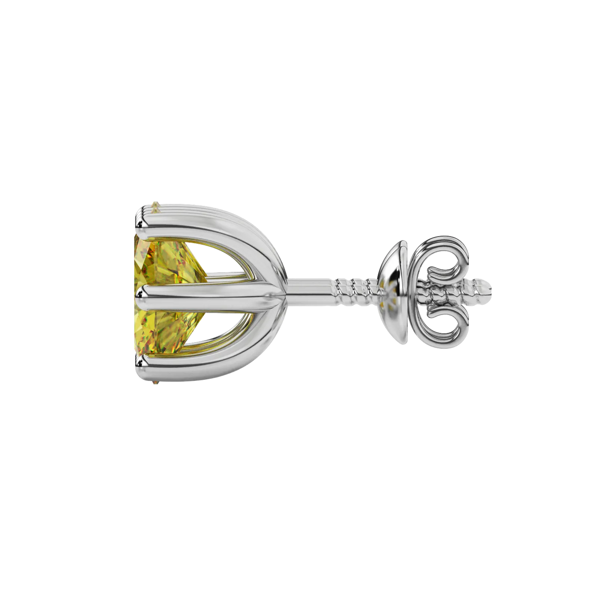 Side profile, white gold canary yellow earrings, six prong gallery.
