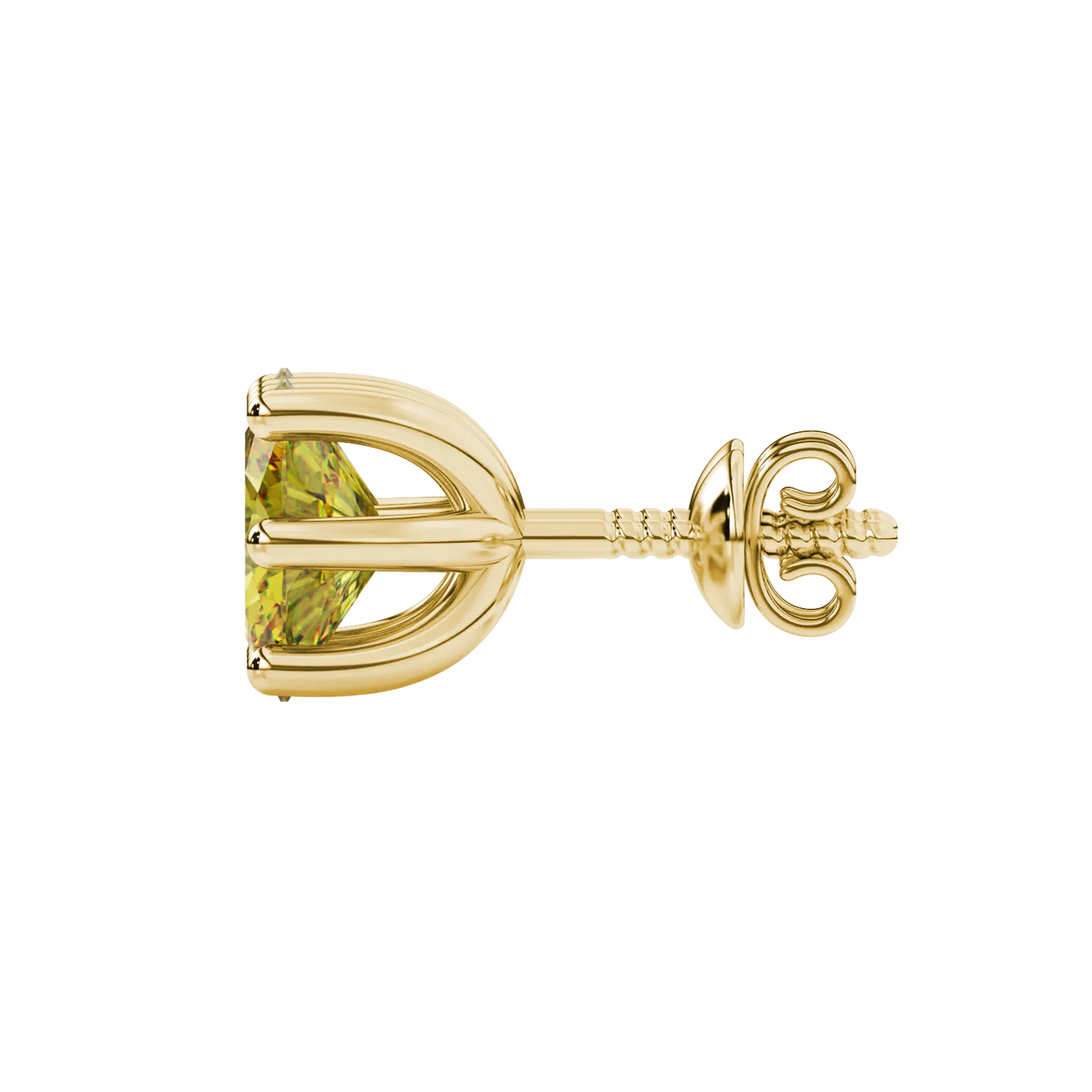 Side profile, yellow gold canary yellow earrings, six prong gallery.
