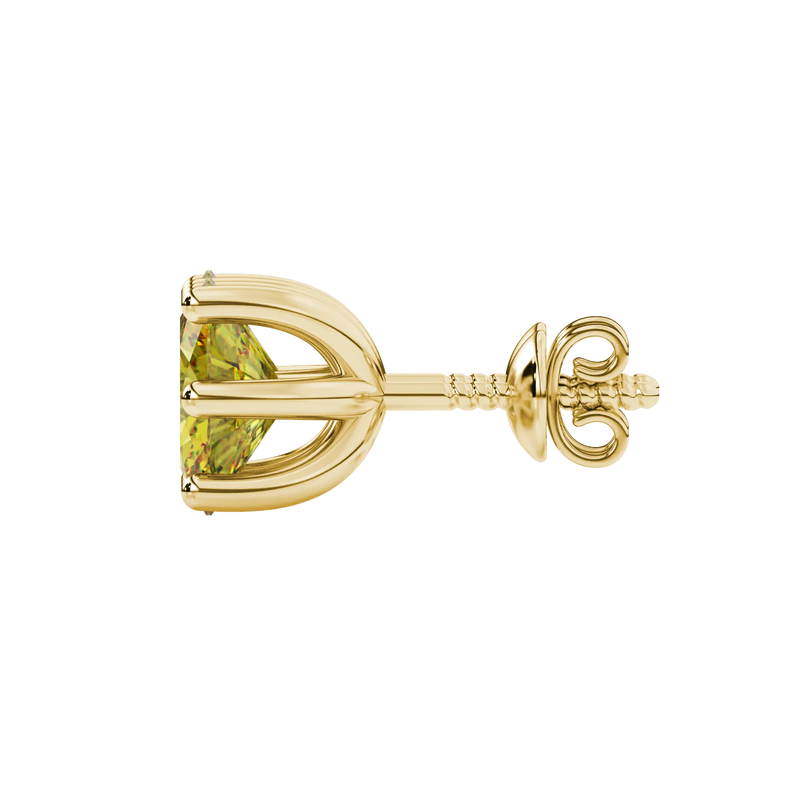 Side profile, yellow gold canary yellow earrings, six prong gallery.