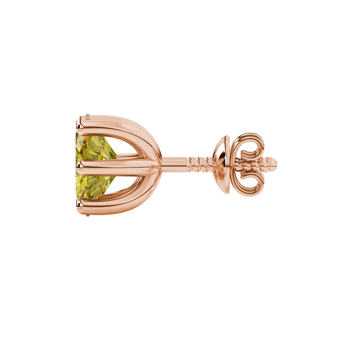 Side profile, rose gold canary yellow earrings, six prong gallery.