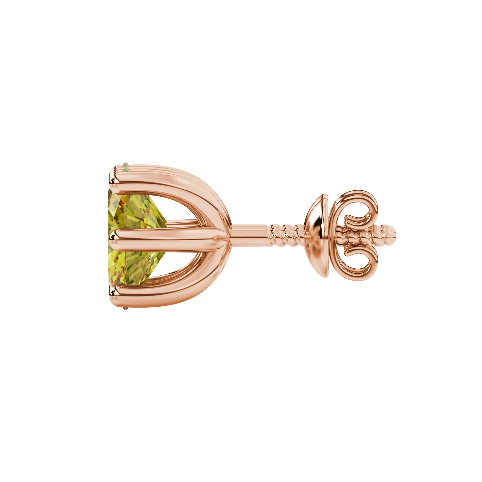 Side profile, rose gold canary yellow earrings, six prong gallery.