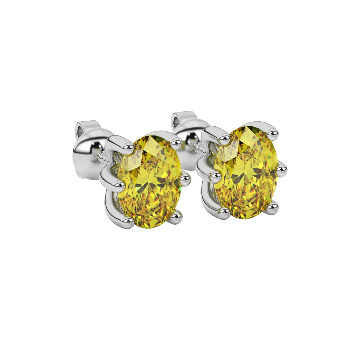 Close-up oval cut canary yellow gemstone earing, white gold six prong setting.