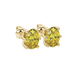 Close-up, oval cut canary yellow gemstone, yellow gold six prong earrings.