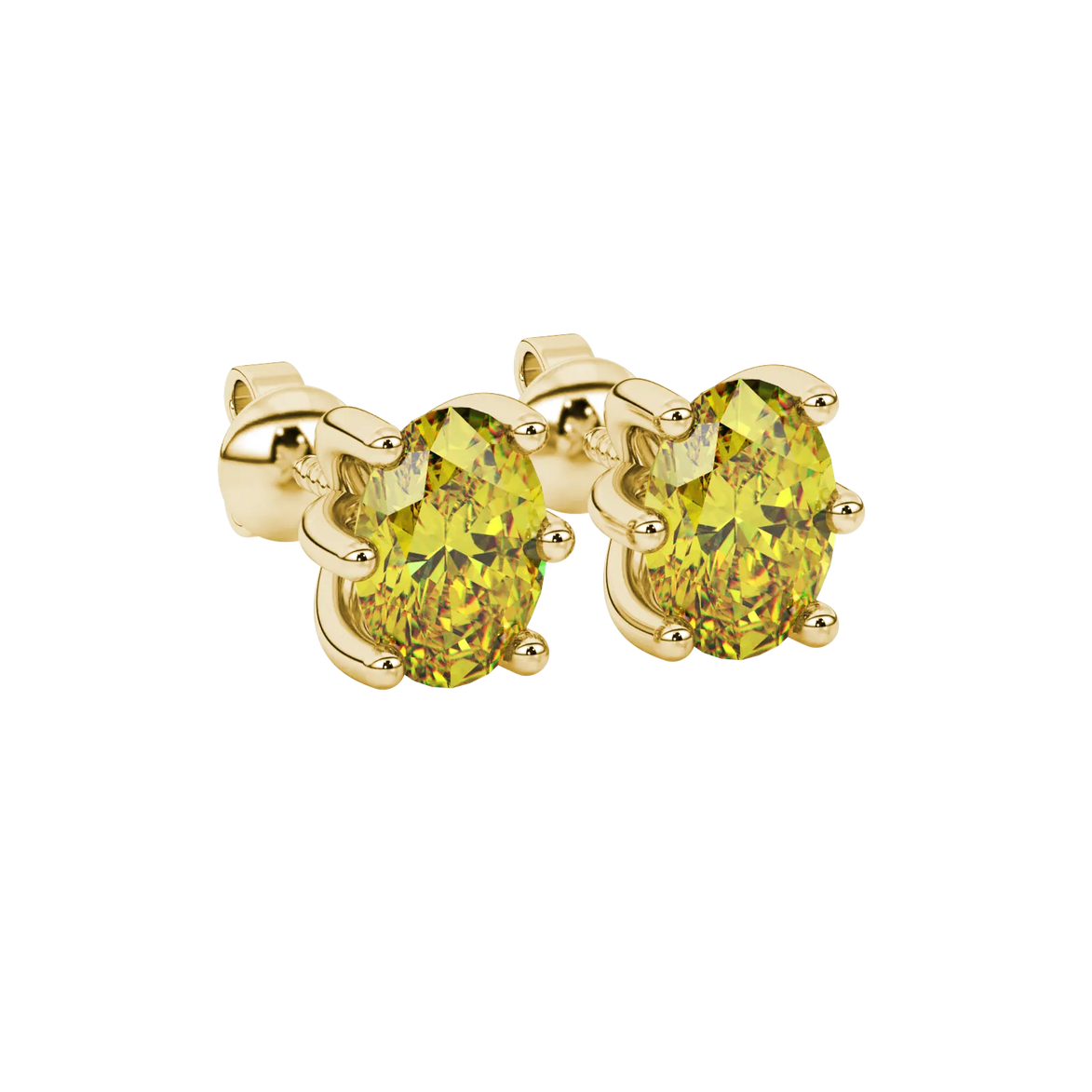 Close-up, oval cut canary yellow gemstone, yellow gold six prong earrings.