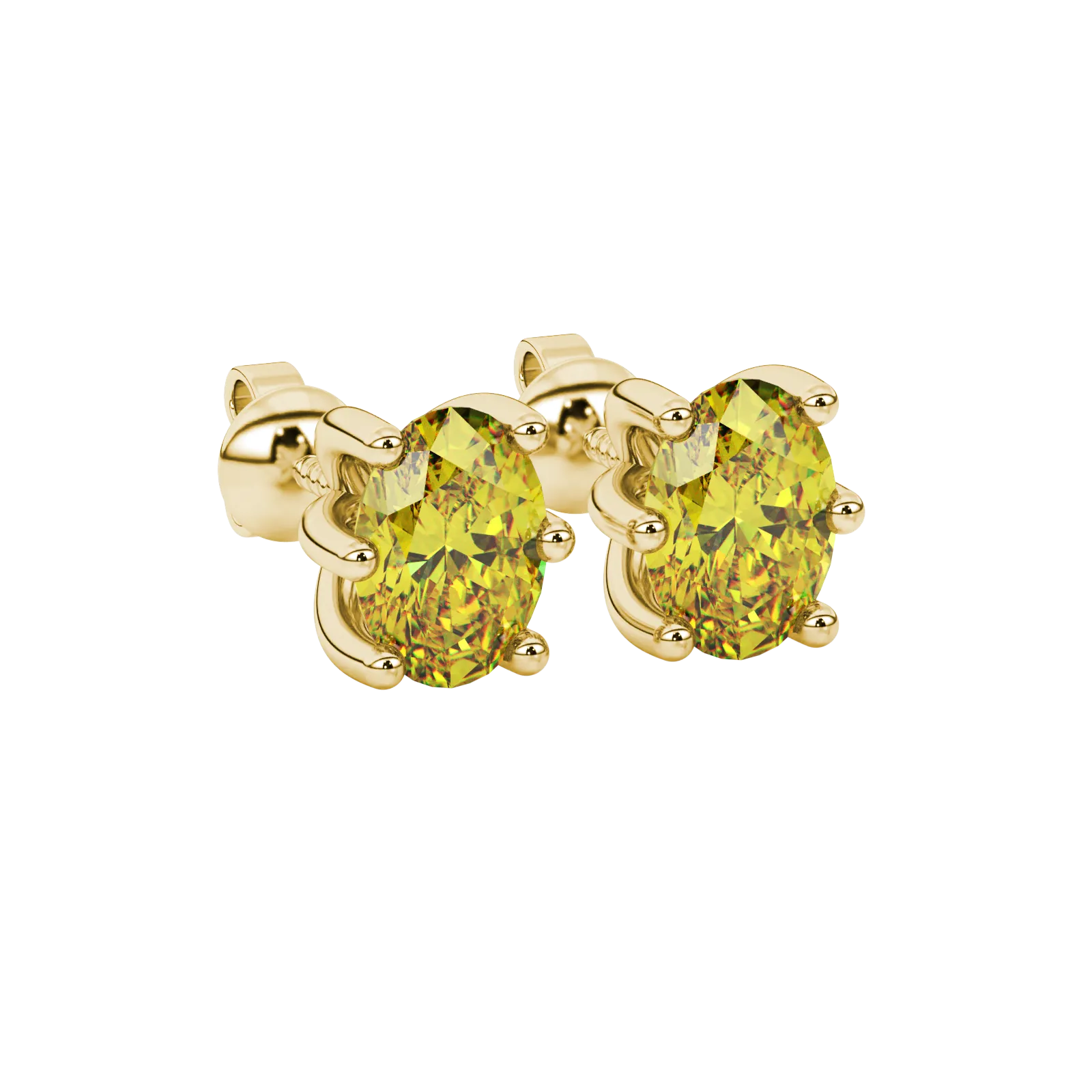 Close-up, oval cut canary yellow gemstone, yellow gold six prong earrings.