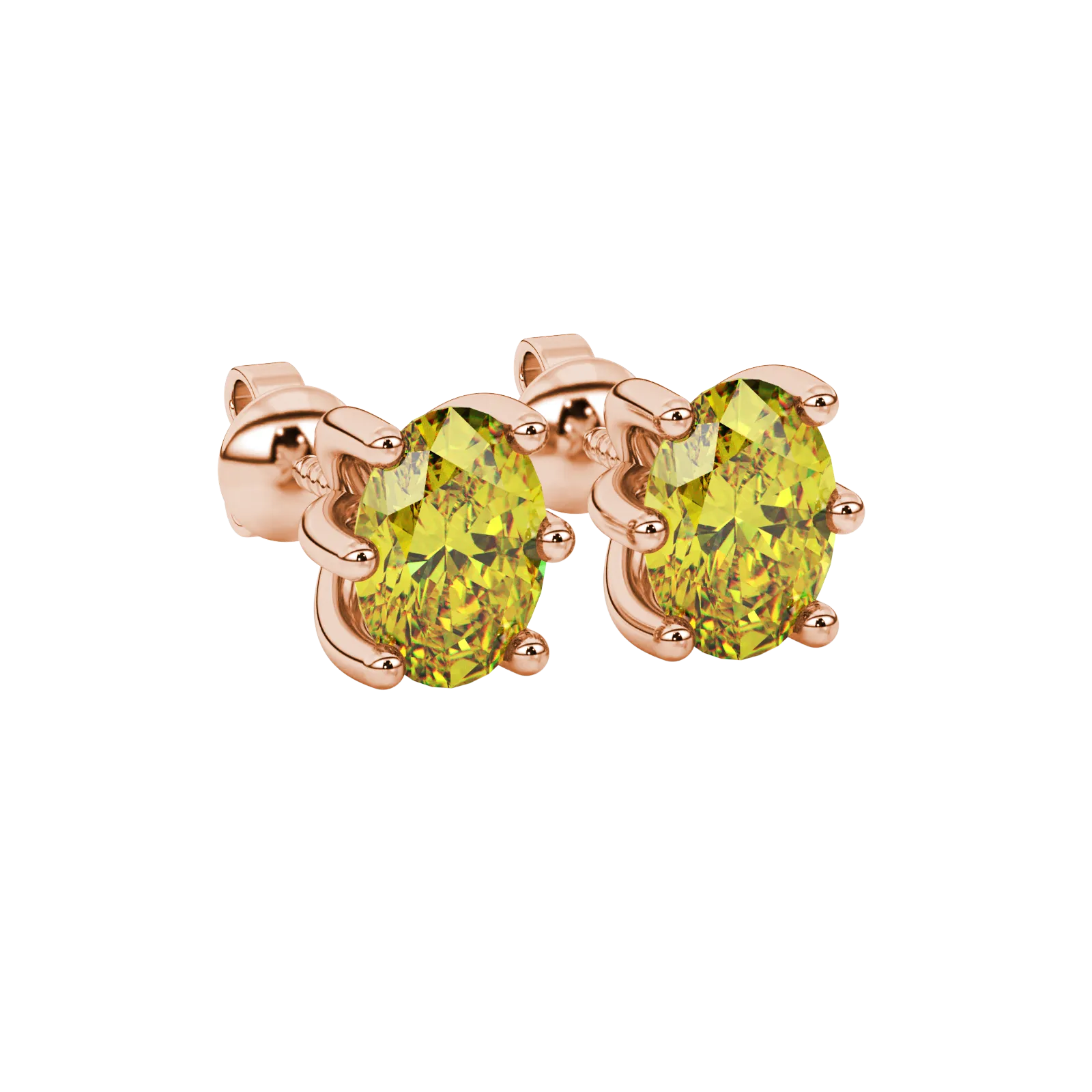 Close-up, oval cut canary yellow gemstone earrings, rose gold six prong setting.