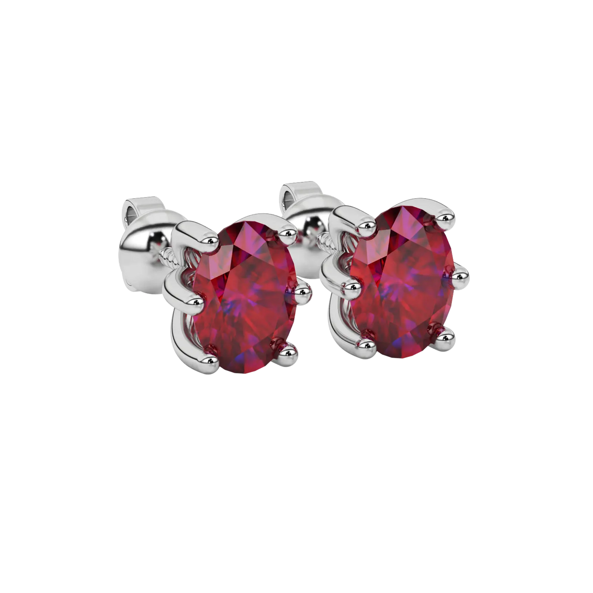 Close-up oval cut raspberry red gemstone earing, white gold six prong setting.