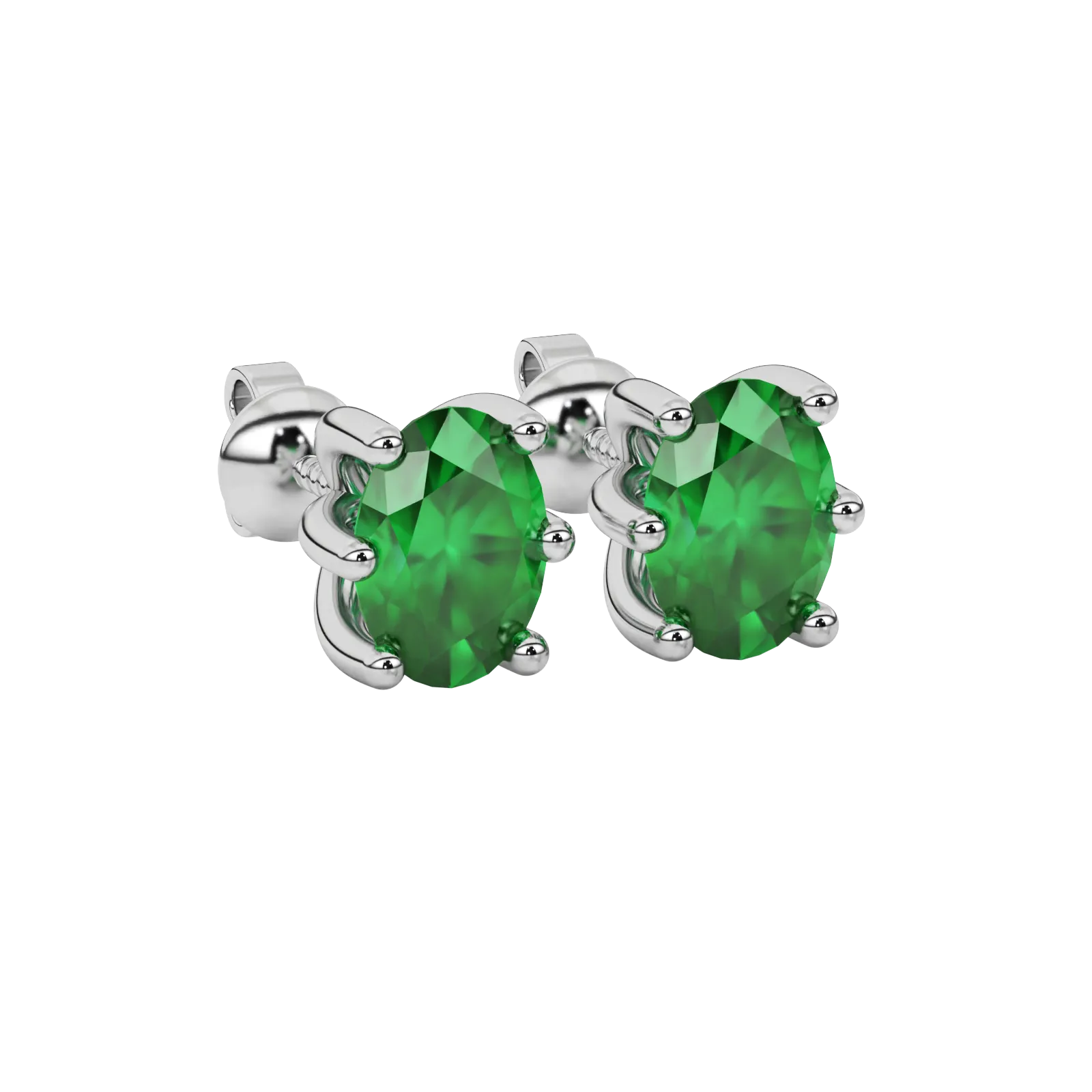 Close-up oval cut emerald green gemstone earing, white gold six prong setting.