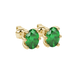 Close-up, oval cut emerald green gemstone, yellow gold six prong earrings.