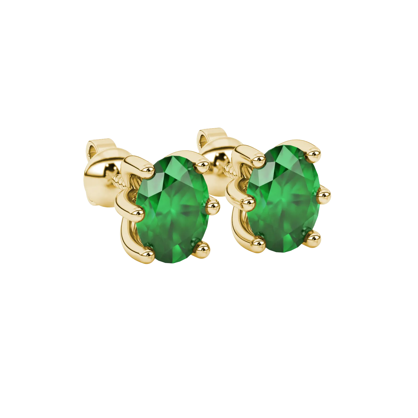 Close-up, oval cut emerald green gemstone, yellow gold six prong earrings.