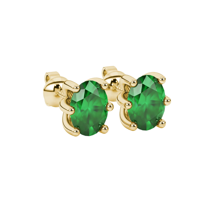 Close-up, oval cut emerald green gemstone, yellow gold six prong earrings.