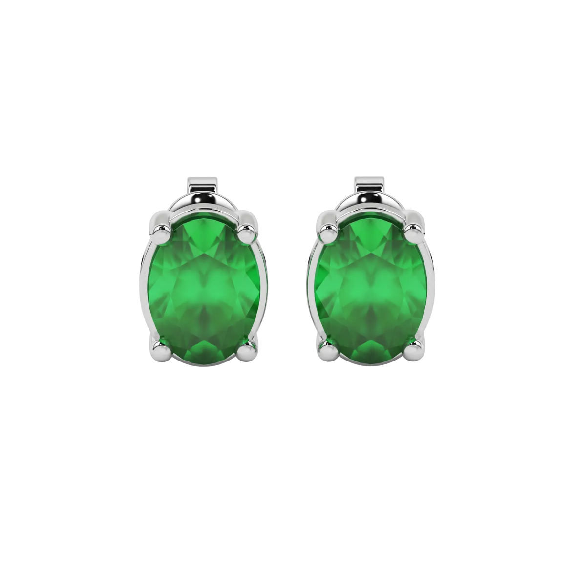 Oval cut emerald green gemstone earrings, white gold classic basket setting.