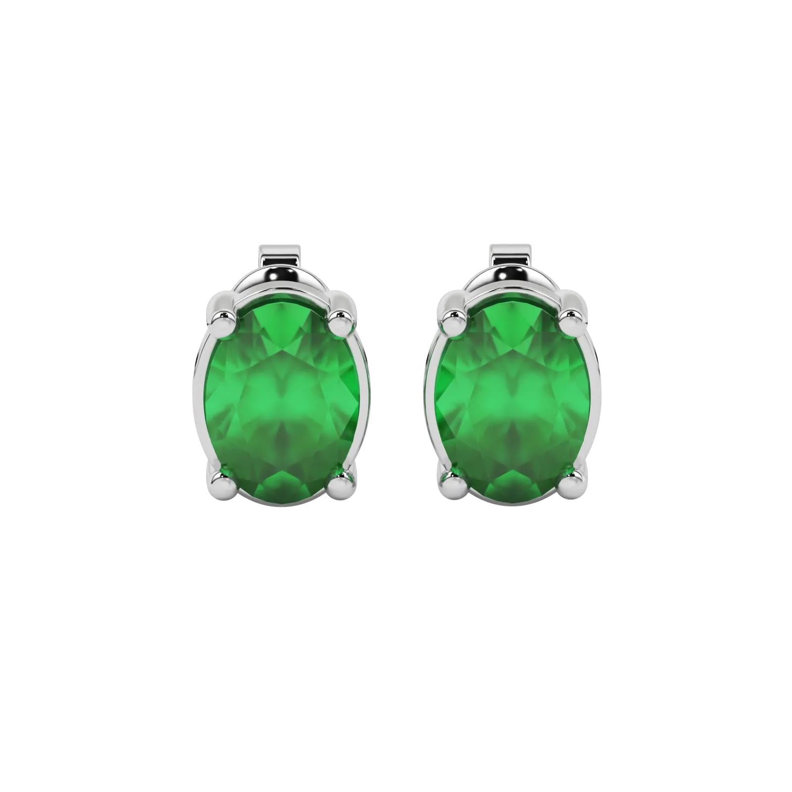 Oval cut emerald green gemstone earrings, white gold classic basket setting.