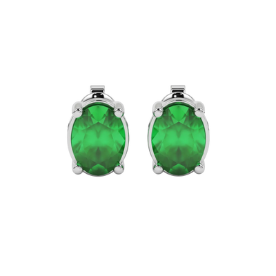 Oval cut emerald green gemstone earrings, white gold classic basket setting.