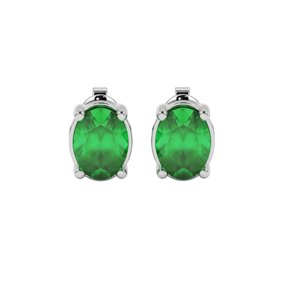 Oval cut emerald green gemstone earrings, white gold classic basket setting.