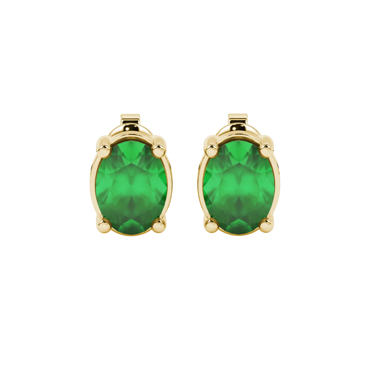 Oval cut emerald green gemstone earrings, yellow gold classic basket setting.