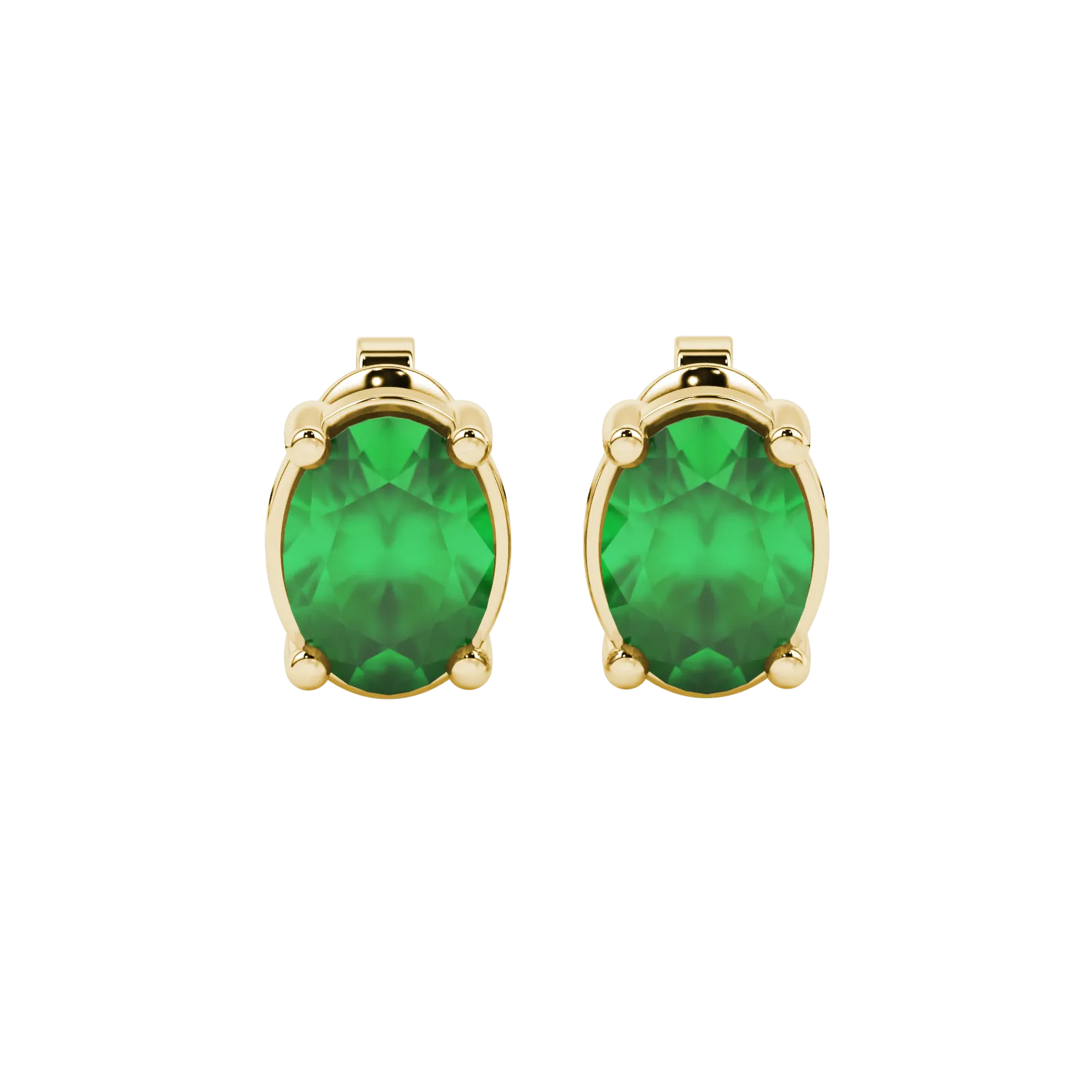 Oval cut emerald green gemstone earrings, yellow gold classic basket setting.