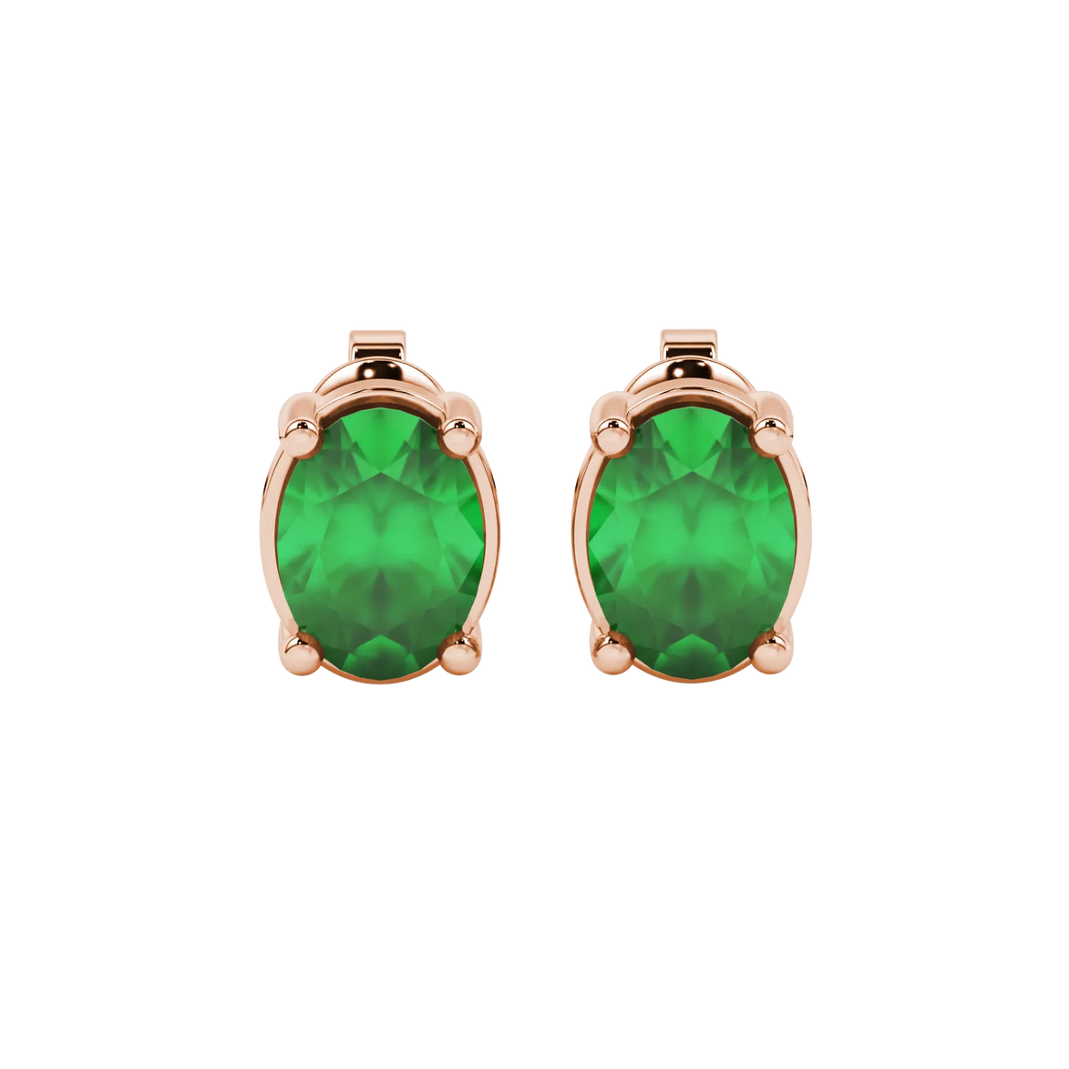 Oval cut emerald green gemstone earrings, rose gold classic basket setting.
