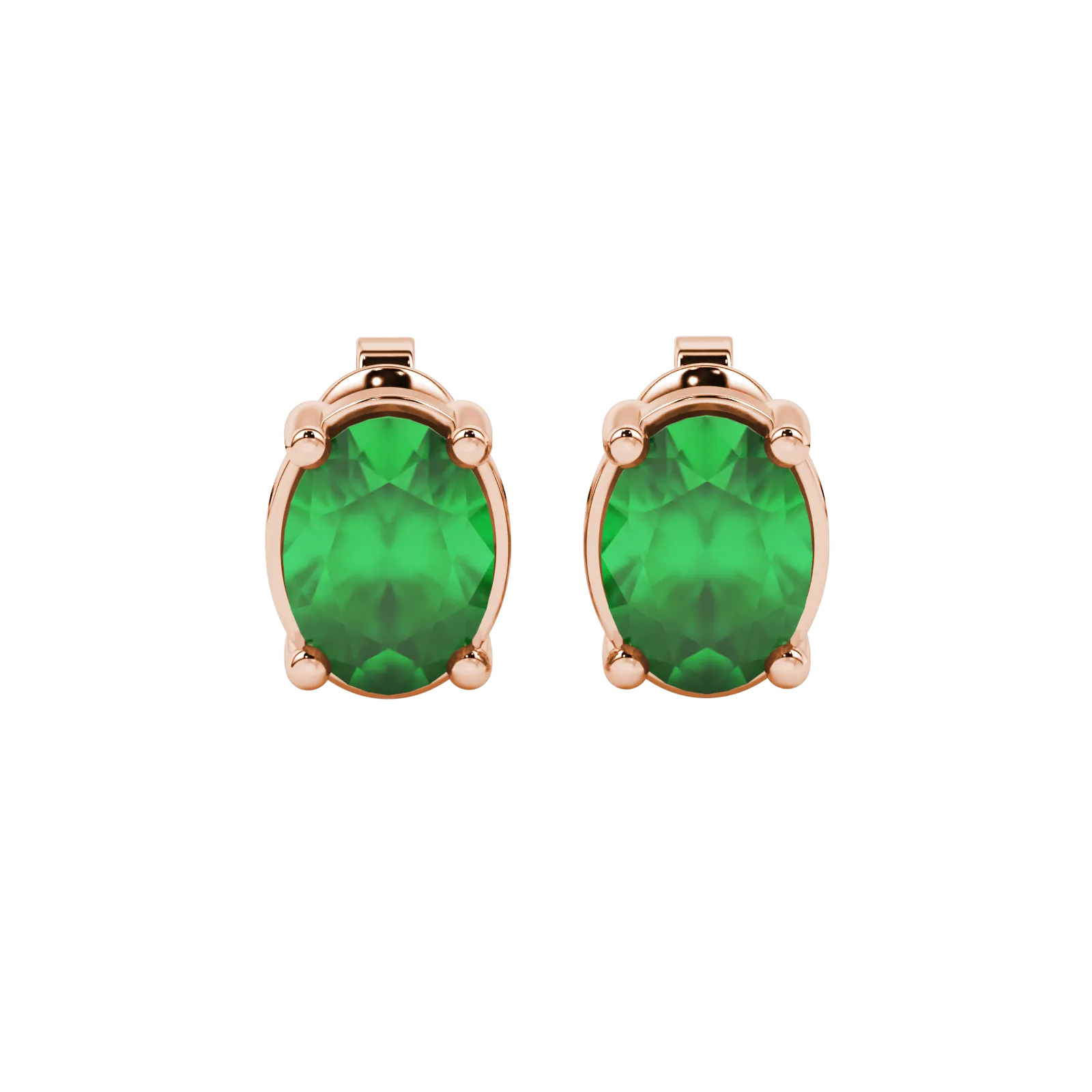 Oval cut emerald green gemstone earrings, rose gold classic basket setting.