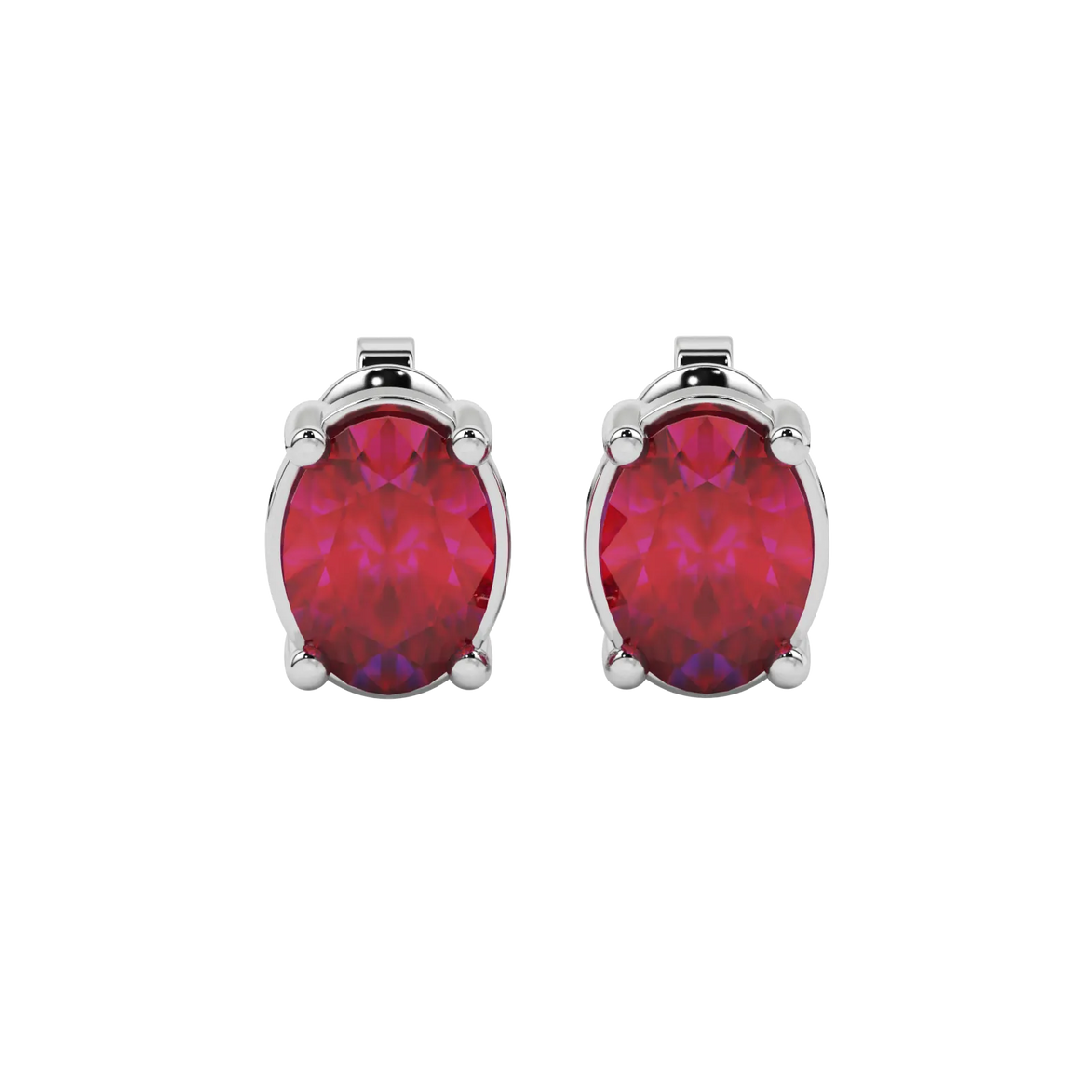 Oval cut raspberry red gemstone earrings, white gold classic basket setting.