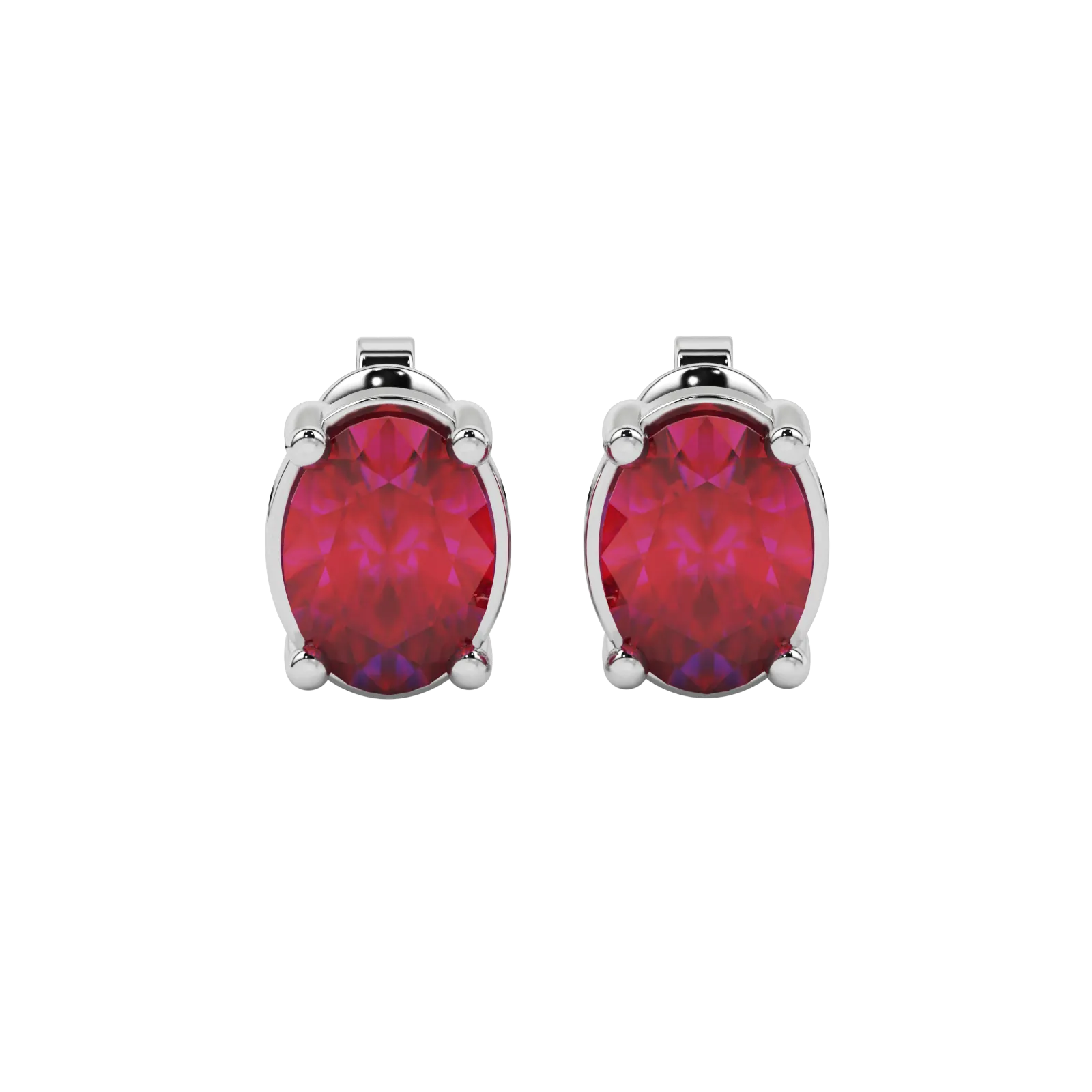 Oval cut raspberry red gemstone earrings, white gold classic basket setting.