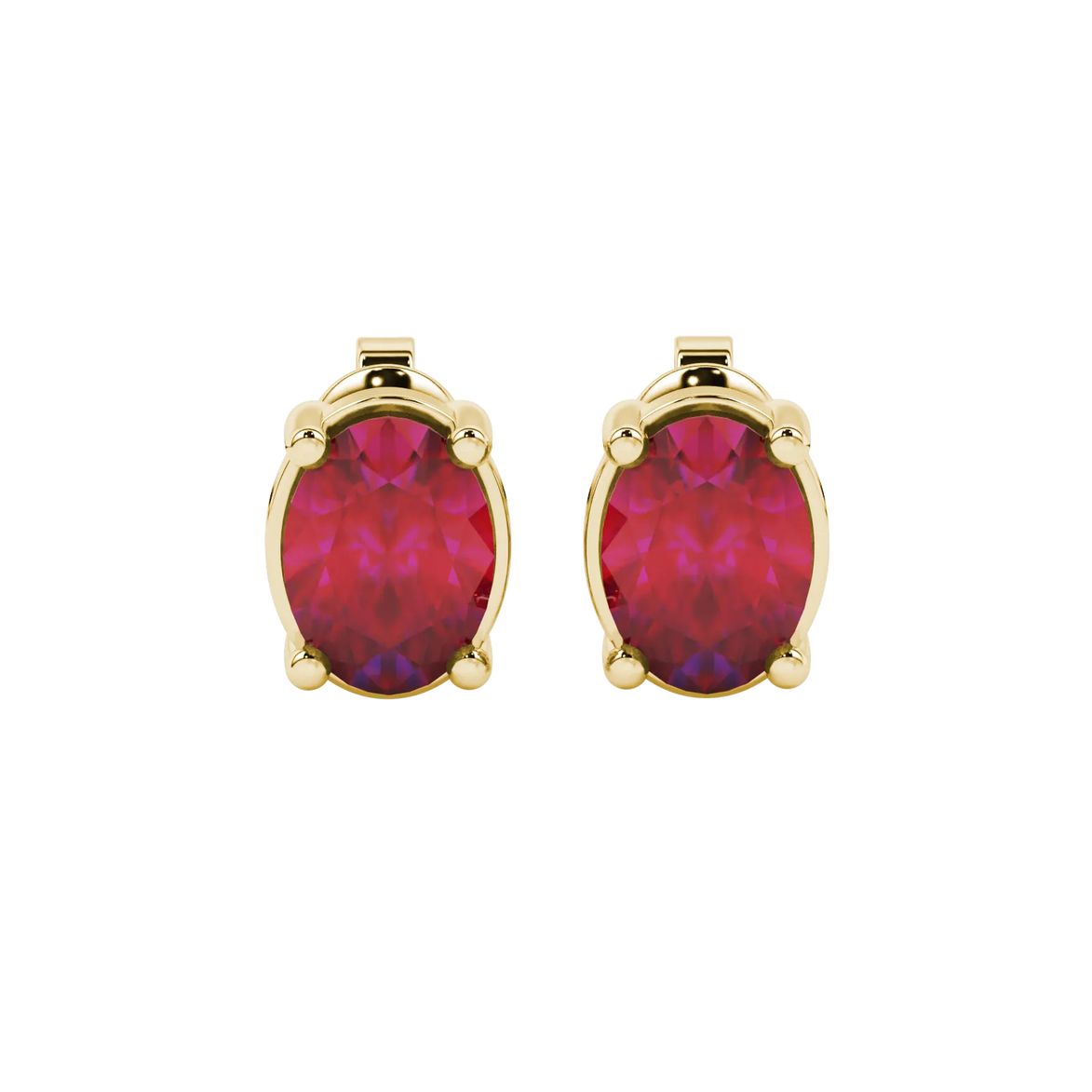 Oval cut raspberry red gemstone earrings, yellow gold classic basket setting.