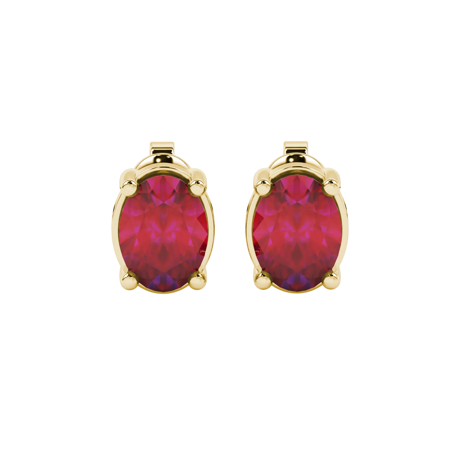 Oval cut raspberry red gemstone earrings, yellow gold classic basket setting.