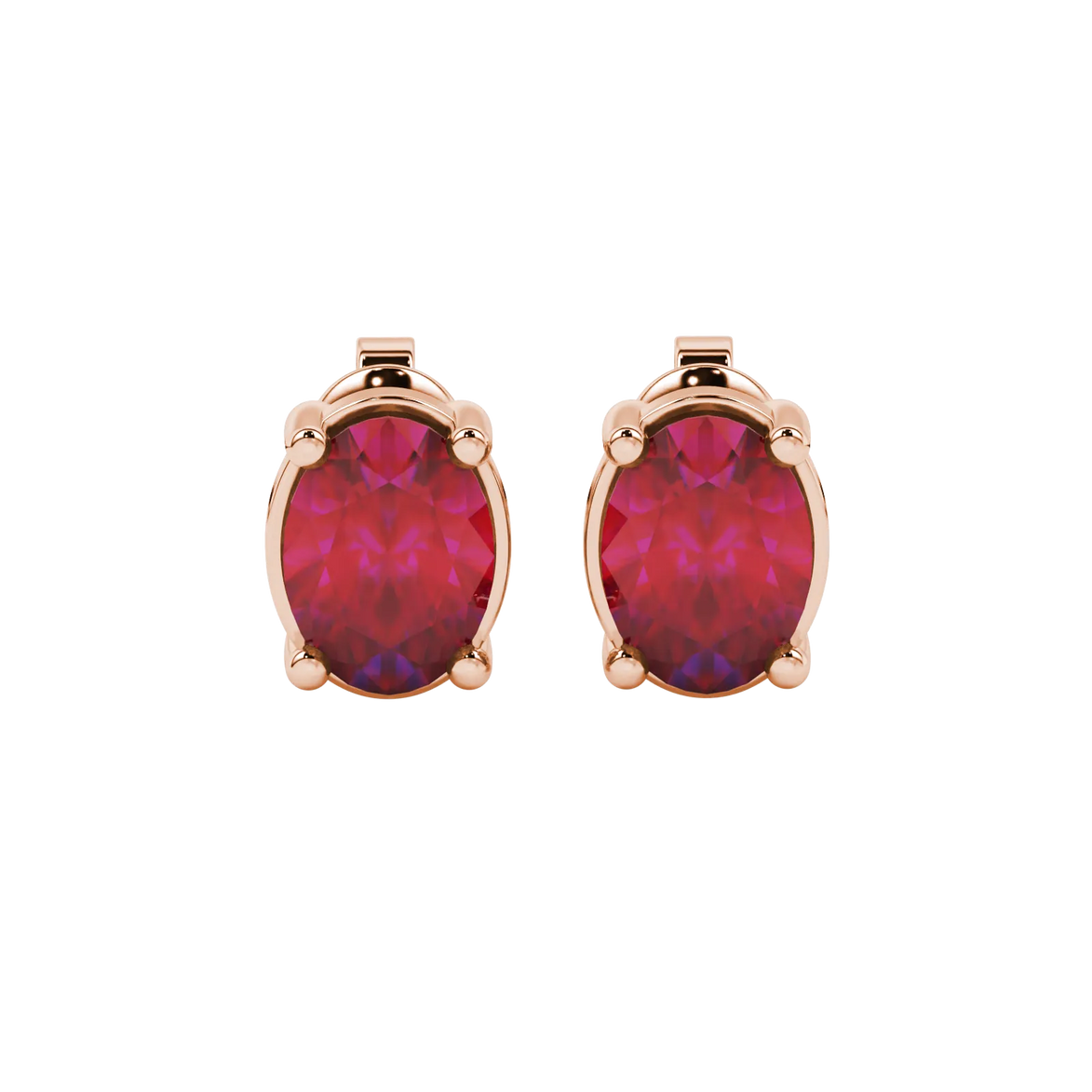 Oval cut raspberry red gemstone earrings, rose gold classic basket setting.