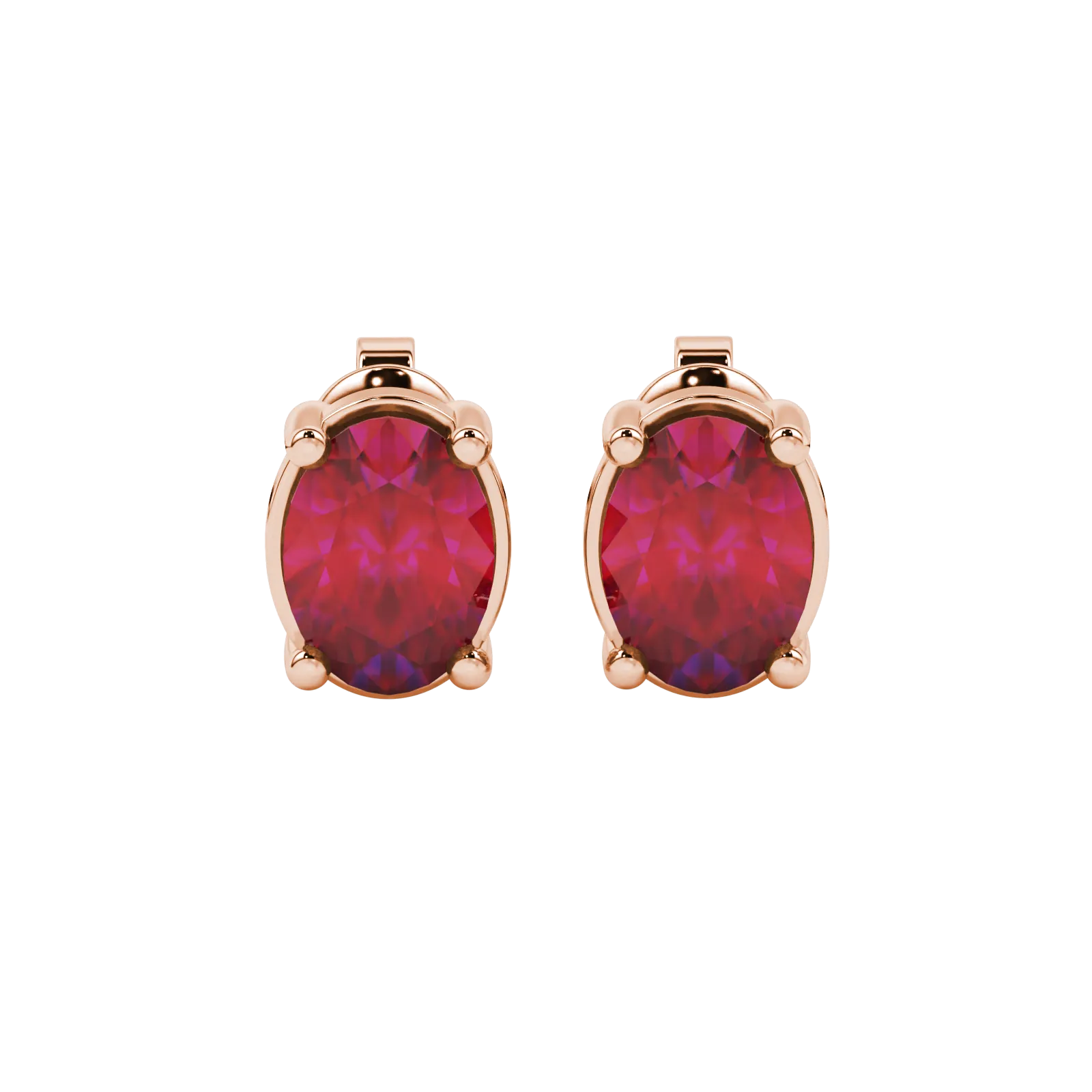 Oval cut raspberry red gemstone earrings, rose gold classic basket setting.