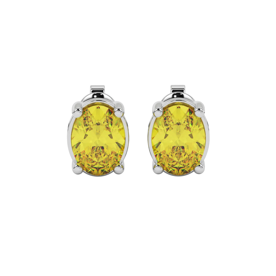 Oval cut canary yellow gemstone earrings, white gold classic basket setting.