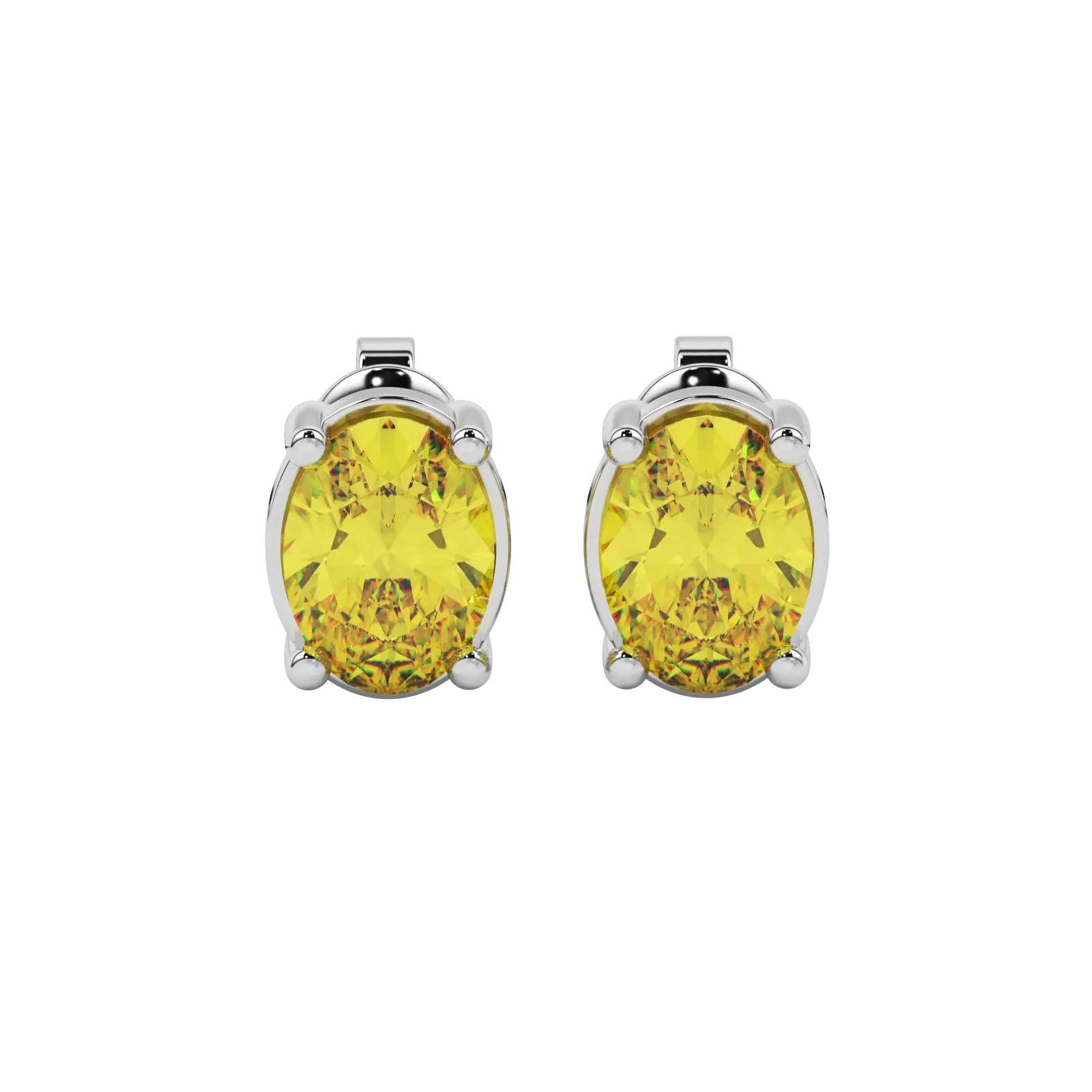 Oval cut canary yellow gemstone earrings, white gold classic basket setting.