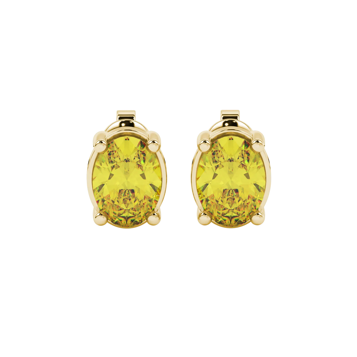 Oval cut canary yellow gemstone earrings, yellow gold classic basket setting.