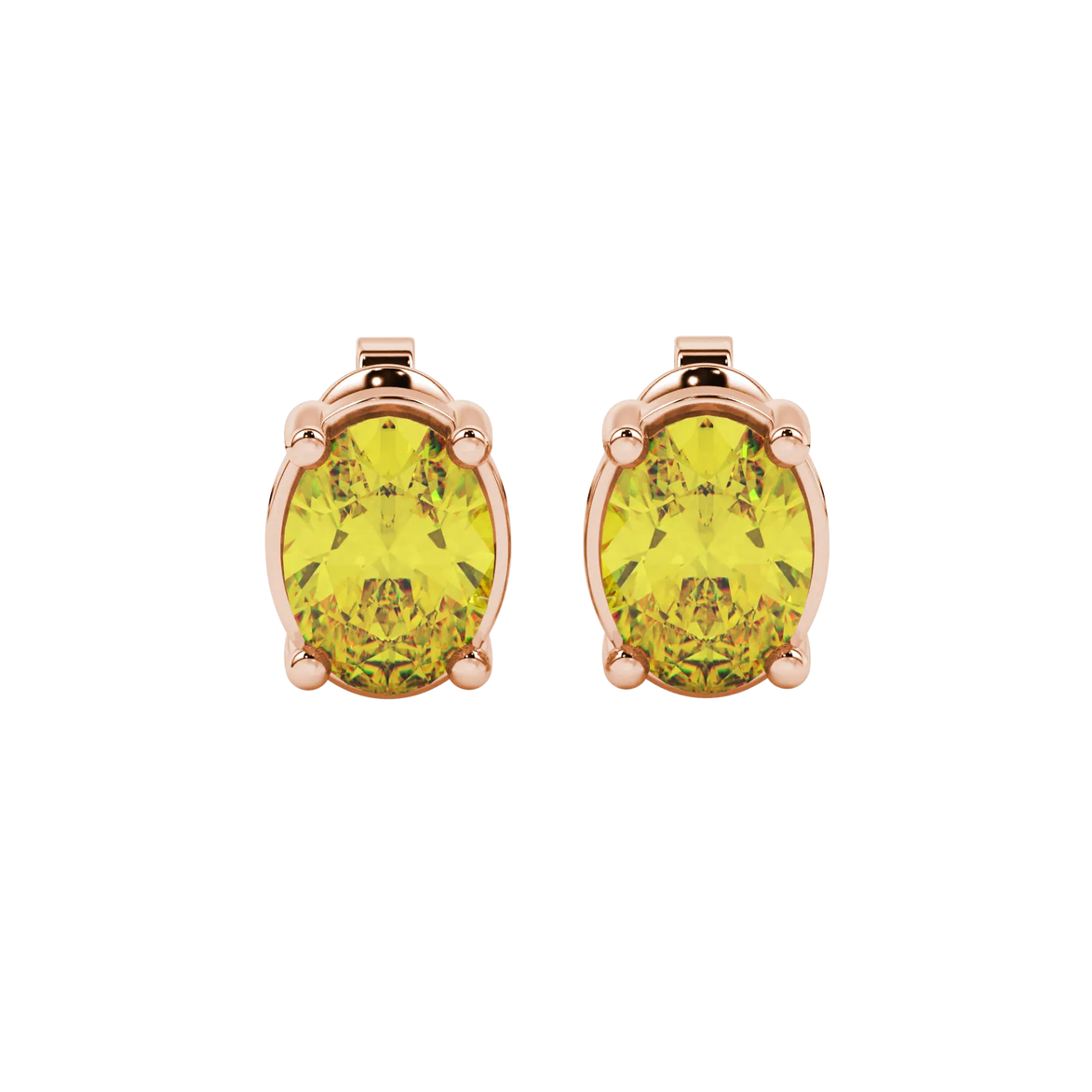 Oval cut canary yellow gemstone earrings, rose gold classic basket setting.