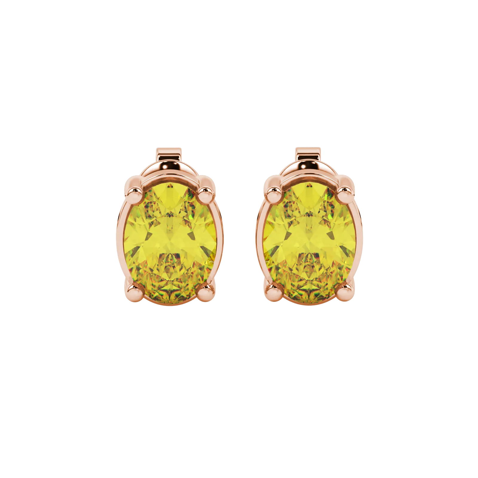 Oval cut canary yellow gemstone earrings, rose gold classic basket setting.