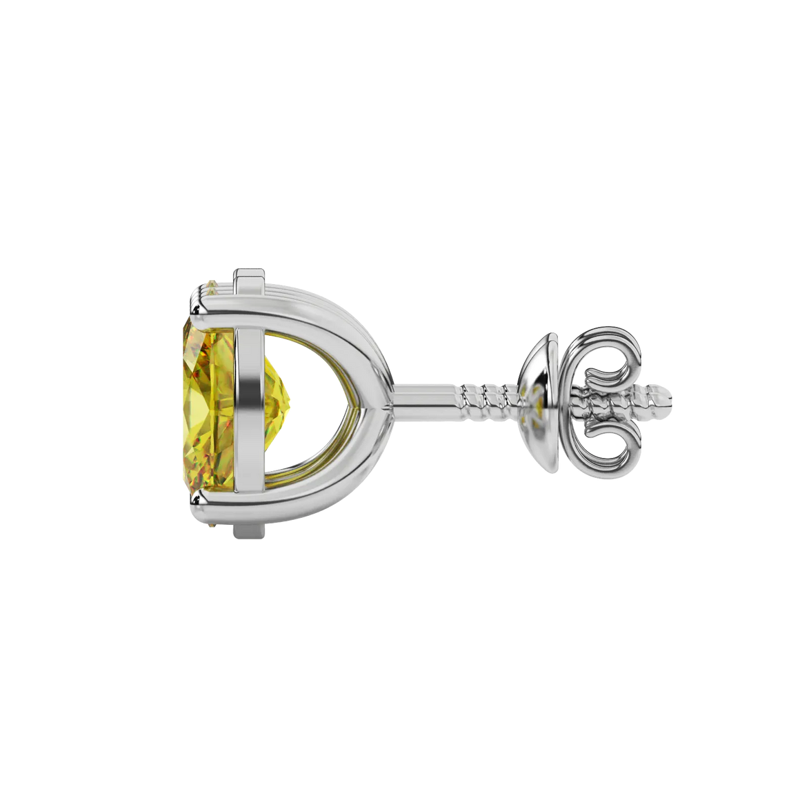 Side profile, white gold canary yellow earrings, classic basket gallery.