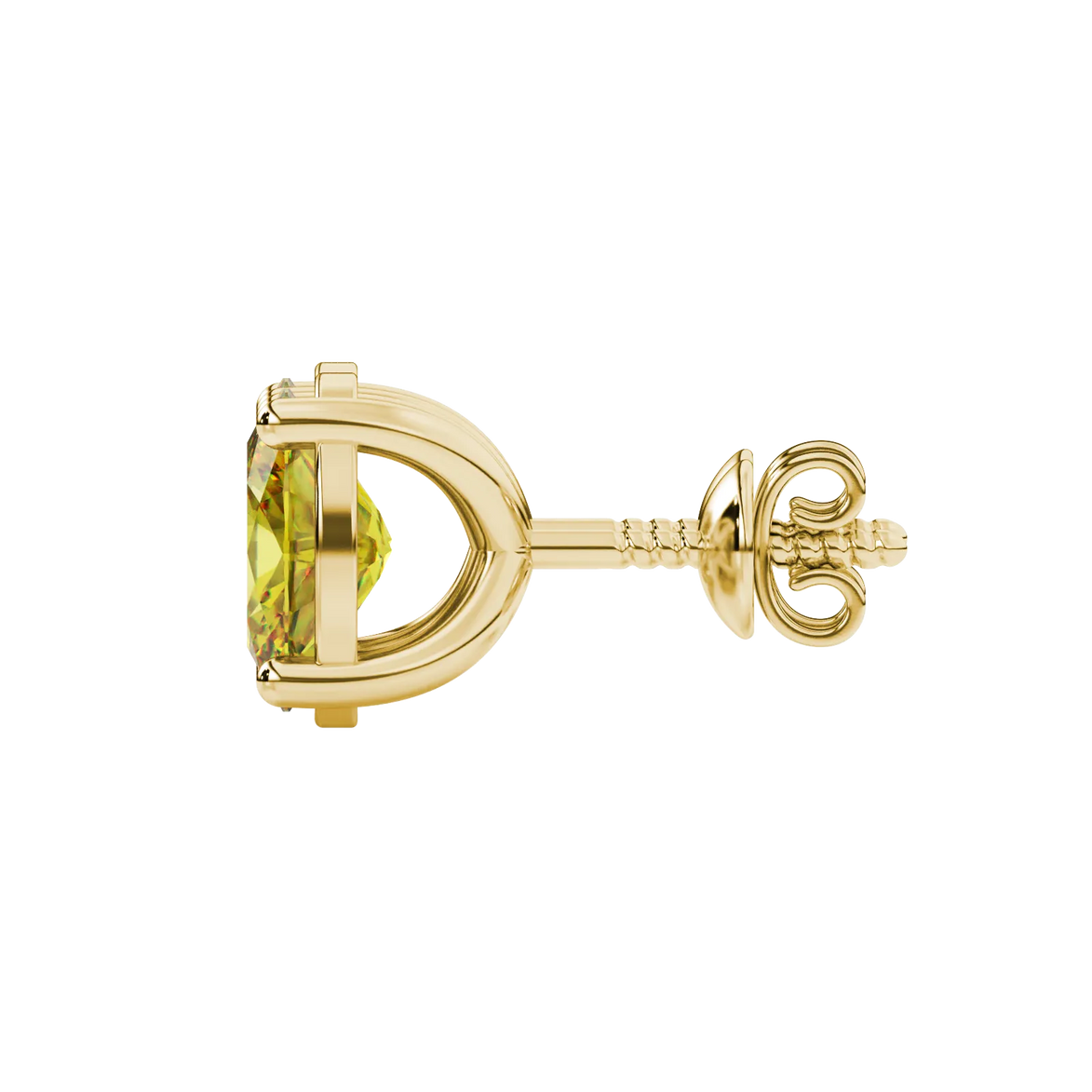 Side profile, yellow gold canary yellow earrings, classic basket gallery.