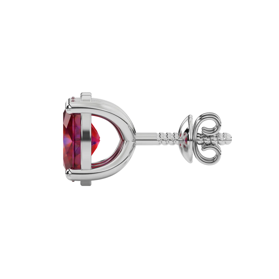Side profile, white gold raspberry red earrings, classic basket gallery.