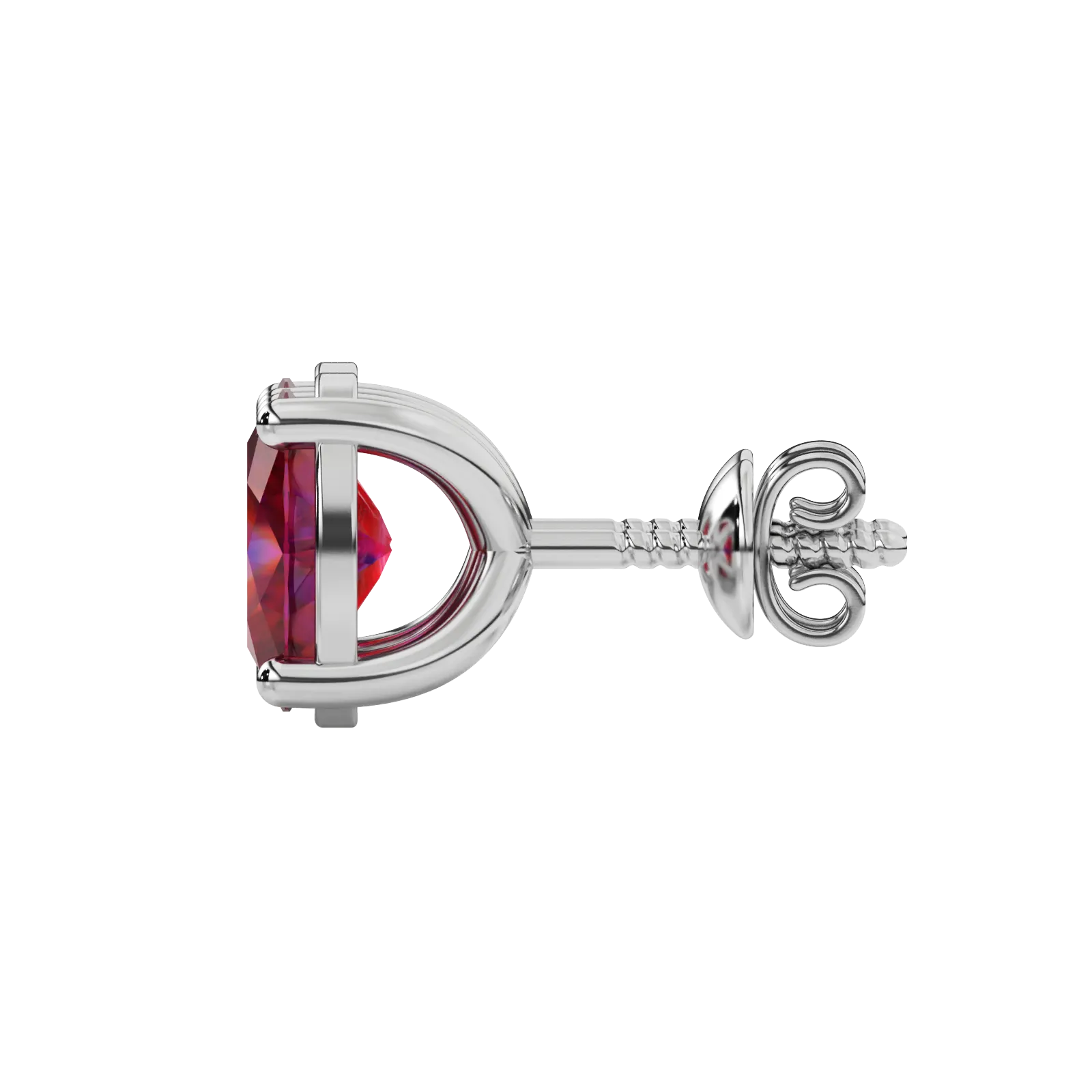 Side profile, white gold raspberry red earrings, classic basket gallery.