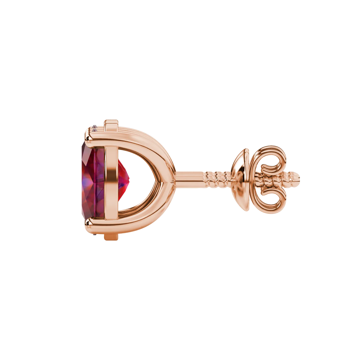 Side profile, rose gold raspberry red earrings, classic basket gallery.