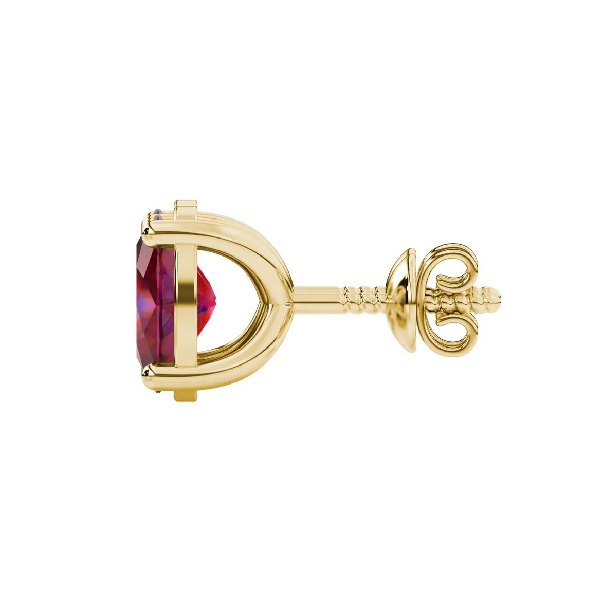 Side profile, yellow gold raspberry red earrings, classic basket gallery.
