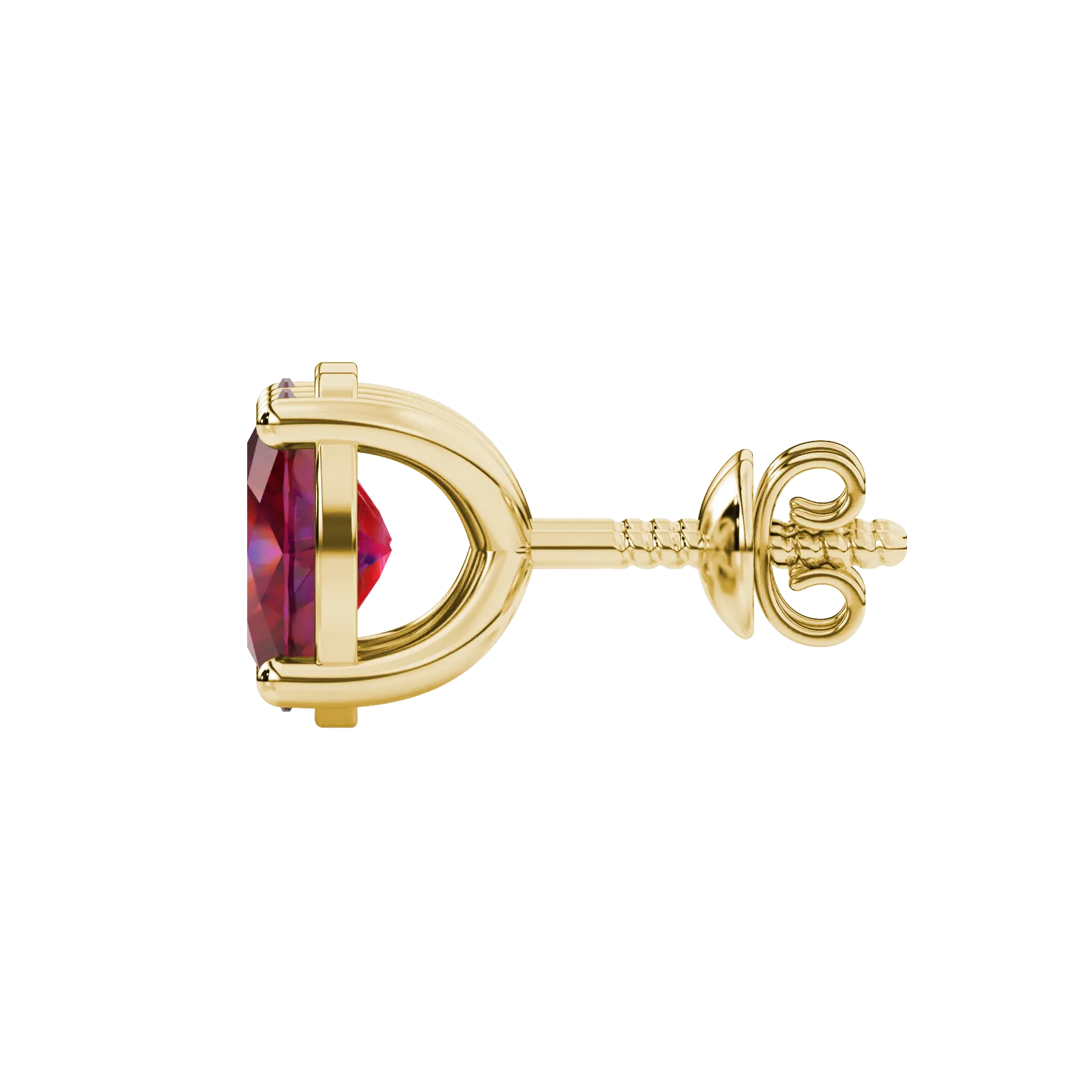 Side profile, yellow gold raspberry red earrings, classic basket gallery.