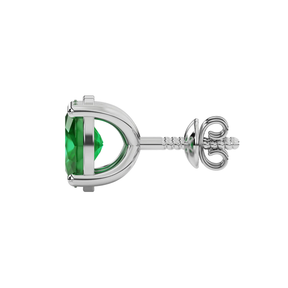 Side profile, white gold emerald green earrings, classic basket gallery.