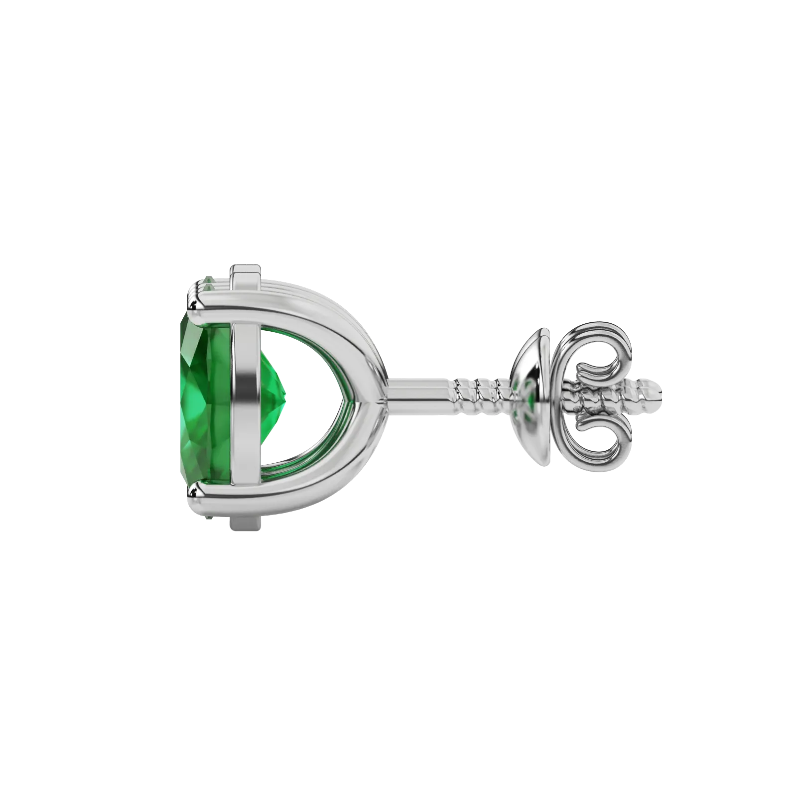 Side profile, white gold emerald green earrings, classic basket gallery.