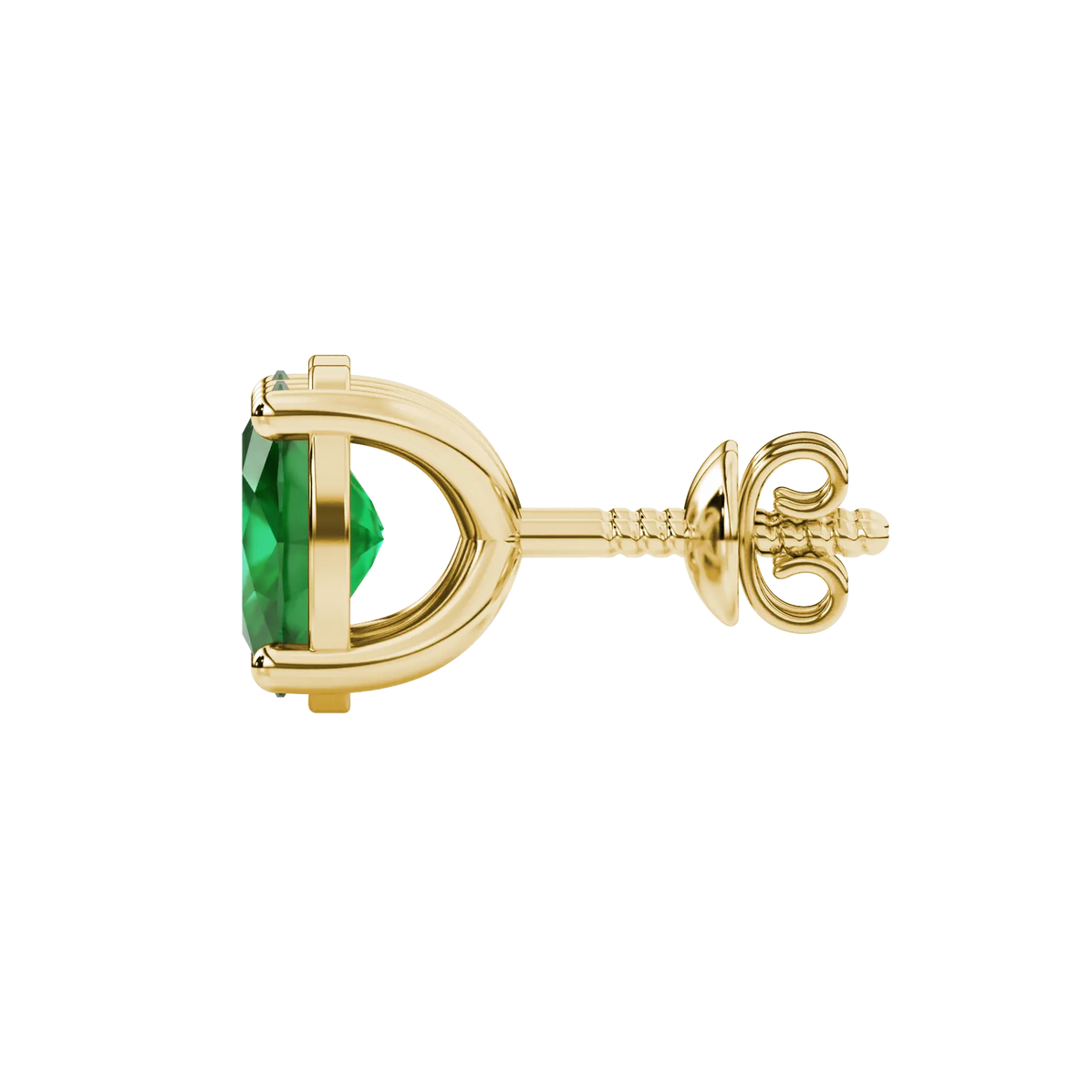 Side profile, yellow gold emerald green earrings, classic basket gallery.