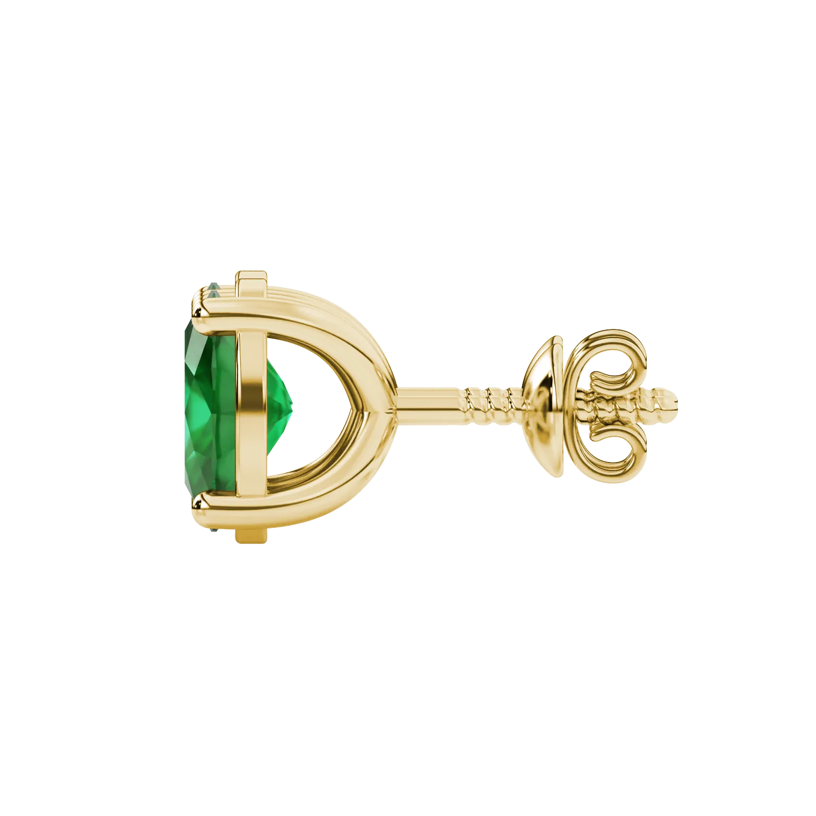 Side profile, yellow gold emerald green earrings, classic basket gallery.