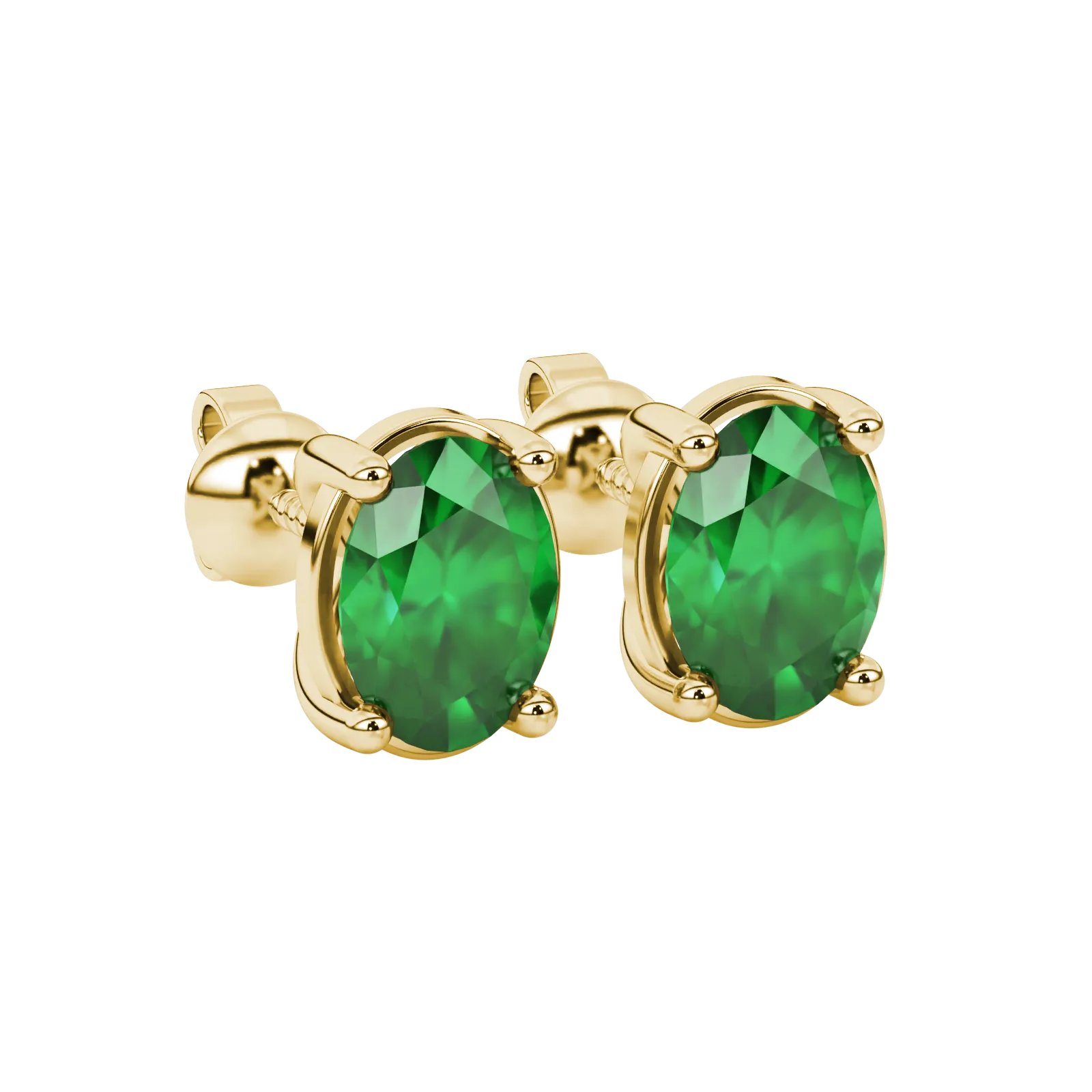 Close-up, oval cut emerald green gemstone, yellow gold classic basket earrings.