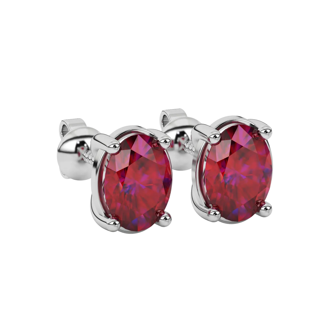 Close-up oval cut raspberry red gemstone earing, white gold classic basket.