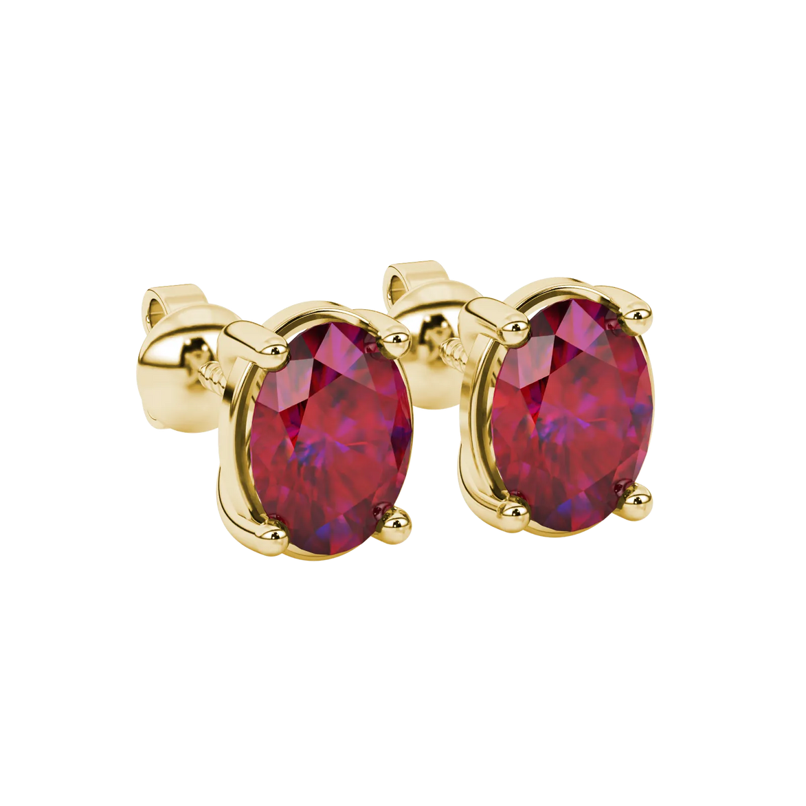 Close-up, oval cut raspberry red gemstone, yellow gold classic basket earrings.